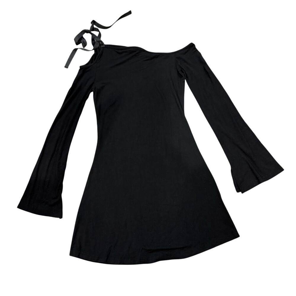 White Fox Black Off the Shoulder Long Sleeve Mini Dress Ribbon Tie Detail Size M